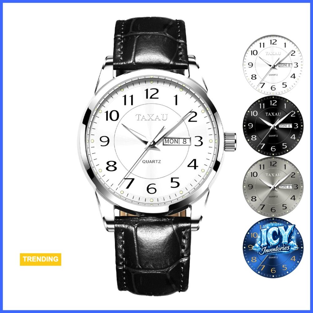 Leather Dress Watch with Day Date Arabic Numerals Waterproof Quartz